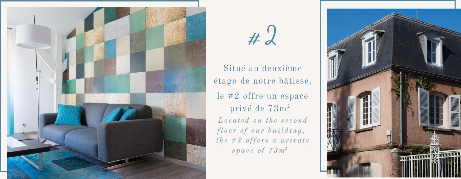 Situé au deuxième étage de notre bâtisse, le #2 offre un espace privé de 73 m². Located on the second floor of our building, the #2 offers a private space of 73 m².